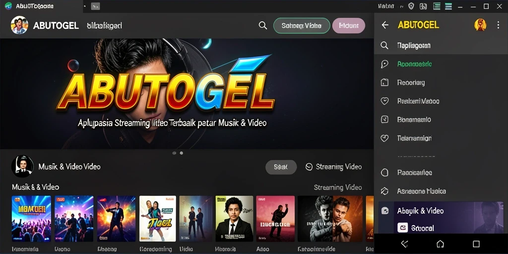 Tampilan antarmuka ABUTOGEL dengan berbagai pilihan video musis & film.