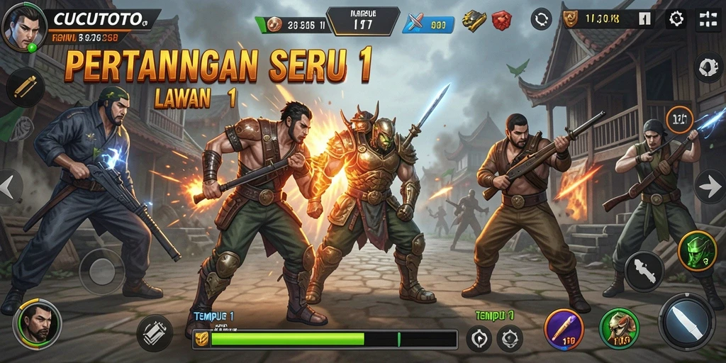 Tampilan antarmuka CUCUTOTO yang dinamis dalam pertarungan 1 lawan 1.