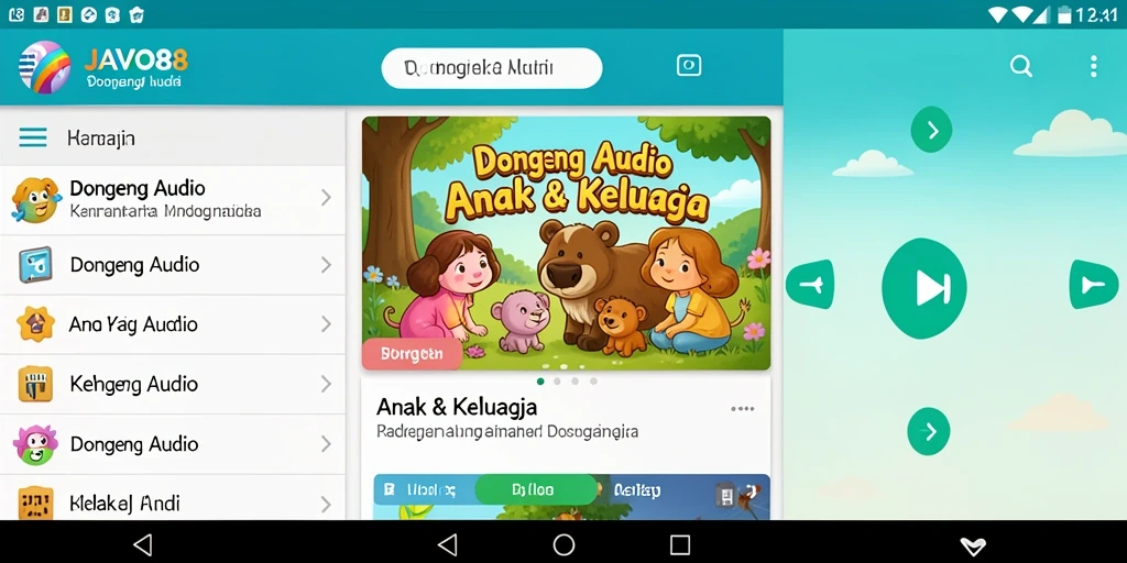 Tampilan antarmuka aplikasi JAVO88 yang ramah anak dengan pilihan cerita audio.