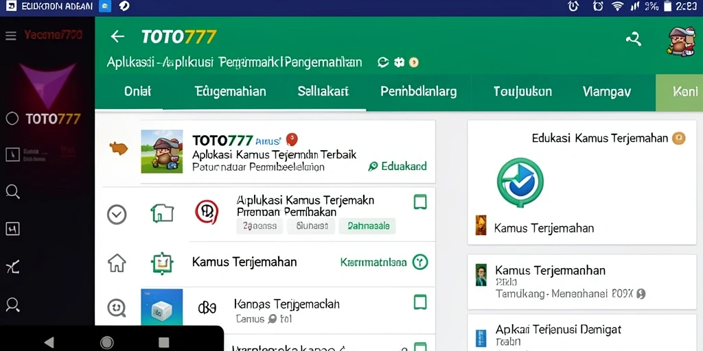 Tampilan antarmuka pengguna TOTO777 dengan fitur Kamus Terjemahan.